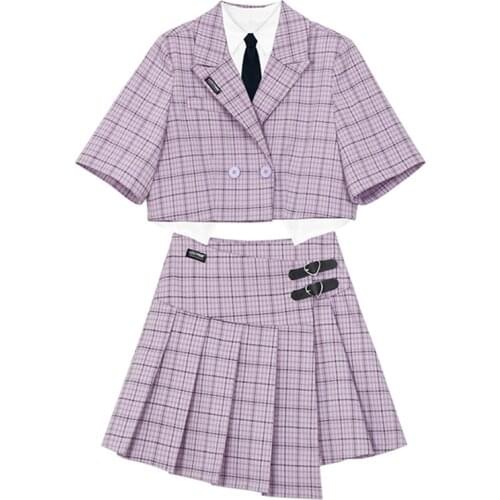 Plaid Suit Set Women Skirt 2021 Summer New Purple Grid Short Suit Jacket High Waist Irregular Pleated Mini Skirts for Women