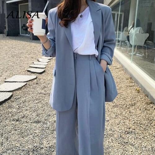 Korean Fashion Blue Blazer Sets Women Minimalist Suits Jackets + High Waist Straight Pants Outfits Woman Casual Blazer Sutis