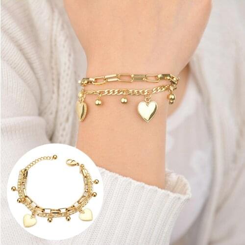 1Pc Boho Women Multi-layer Chain Beads Love Heart Jewelry Lady Bangle Bracelet Silver Golden Wristband Handmade Couples Bangles
