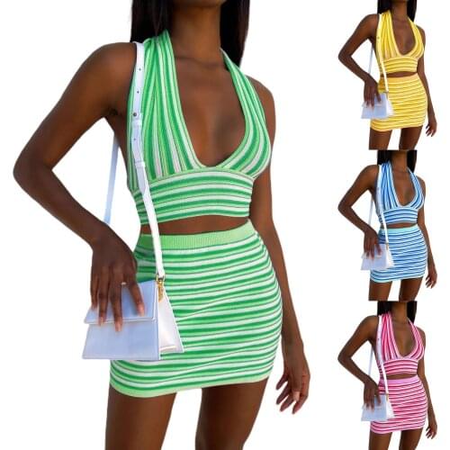 Women Sexy Two-piece Clothes Set, Blue Stripe Pattern Deep V-neck Crop Tops and High Waist Skirt