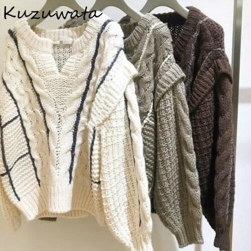 Fake Knitted V-neck Two Piece Women Sweaters Panelled Twist Patchwork Pullovers Autumn Winter Japanese Style Sweet Coat