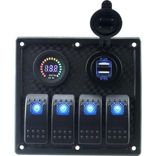 12V 4 Gang Blue LED Rocker Switch Panel USB Charger Car Race Boat Auto voltmeter