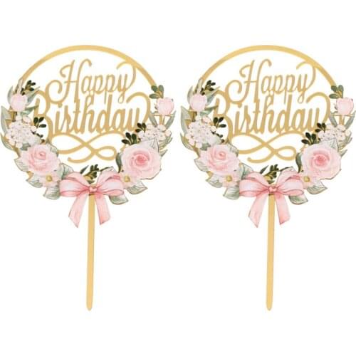 2Pcs Happy Birthday Cake Topper Cake Decoration Acrylic Cake Insert Toppers Birthday Flower Design Cake Picks Cake Decors