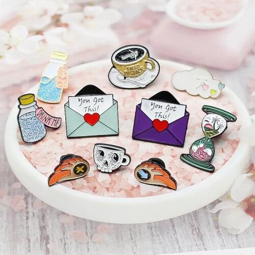 Pins Brooches envelope wing ruler Magic jar Drinks Juice bottle coffee cup hourglass Rose flower Enamel Pin Badge Brooch Gift