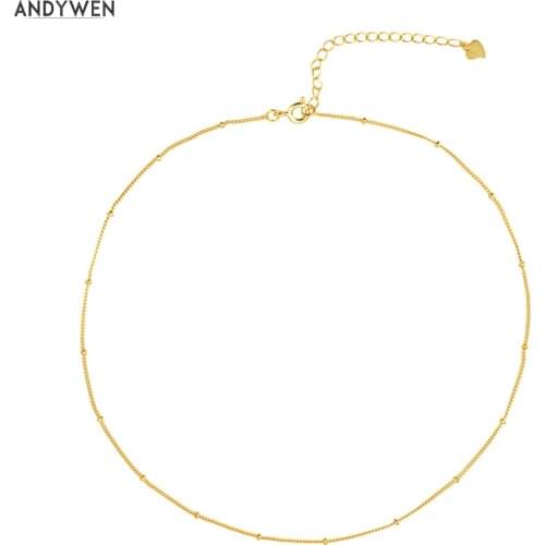 ANDYWEN 100% 925 Sterling Silver Choker Necklace 35cm+5cm Short Chain Gold Thin Slim Luxury Beads Jewelry Rock Punk Jewels