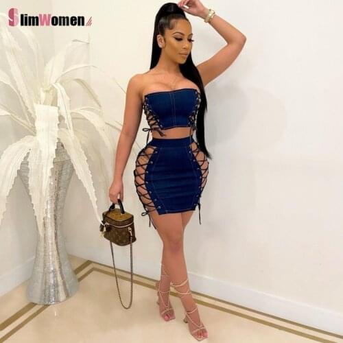 2 Piece Set Sexy Club Outfits Off Shoulder Women Skirt Set Hollow Out Bandage Denim Corset Crop Tank Top Bodycon Skirt Matching