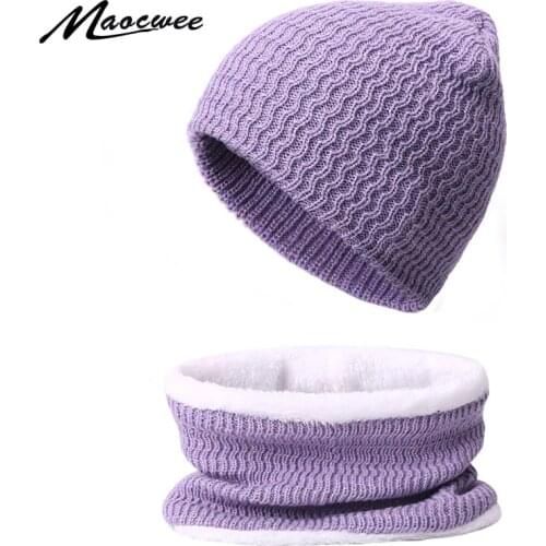 Winter Scarf Beanie Hat Set For Men Women Solid Color Female Hats Scarves 2 PCS Set Outdoor Knitted Warm Plus Velvet Bonnet Caps