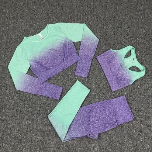 Seamless Women Sport Suit Fitness Gradient Yoga Set Ombre Push Up Workout Gym Leggings Running Clothing Tracksuit Sportswear