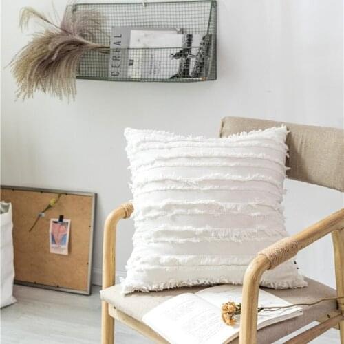 Cushion Cover Floral Tassels Square Pillow Case Cotton Pillow Cover 45X45cm Home Decoration Sofa 18 Inch White