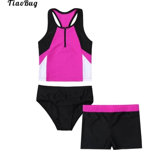 TiaoBug Summer 3Pcs Kids Girls Swimming Suit Round Neck Sleeveless Front Zipper Racer Back Tops With Briefs Boy Shorts Sets