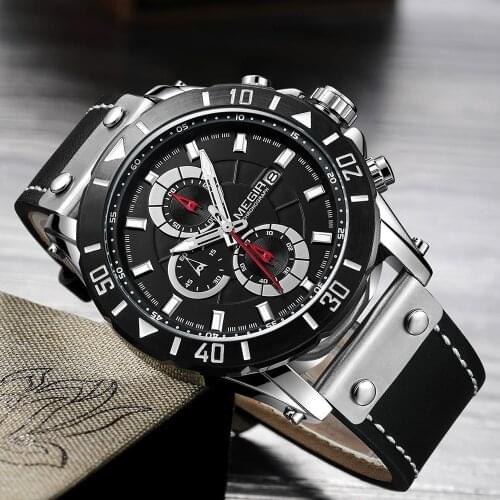 2020 MEGIR Watch Men Fashion Quartz Watches Leather Band Sport Quartz Wristwatch Chronograph Clock Male Creative Design Big Dial