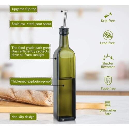 Olive Oil Dispenser Bottle Set,17Oz/500Ml Green Glass Oil & Vinegar Cruet with 2 Pourers, 1 Caps, Funnel,Olive Oil Glass