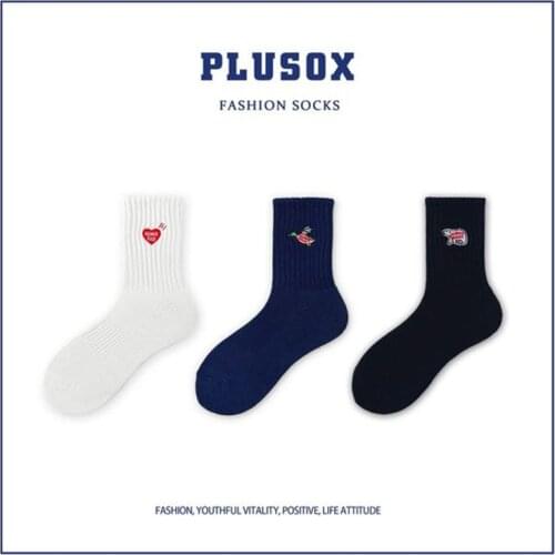 PLUSOX Fashion MediumShort Tube Women Men Lovers Socks Polar Bear Red Heart Duck Embroidery High-Quality Socks