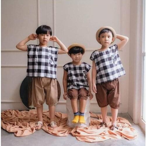 2021 new girls boys plaid shirt cotton linen summer short kids top