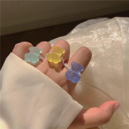 2021 New Lovely Summer Korean Colorful Gummy Bear Resin Pearl Elasticity Rings For Women Bff Party Vacation Jewelry Gifts