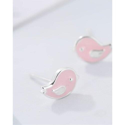New Simple Korean Style Fashion 925 Sterling Silver Jewelry Pink Epoxy Sweet Cute Bird Women Gift Stud Earrings SE562