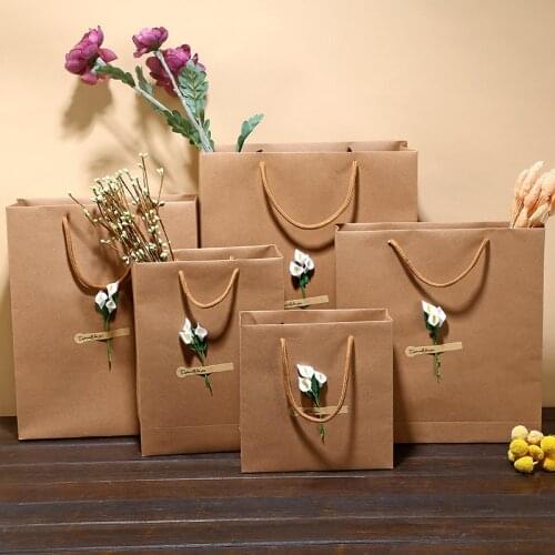 12Pcs Kraft paper bag Luxury Party Bags with Flower Decoration Kraft Paper Gift Bag With Handles Recyclable Loot Bag