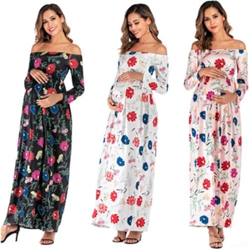 S-2XL New Maternity Dresses Shoulderless Flower Printed Sexy Autumn Spring Beach Dress for Pregnant Woman Long Sleeve Clothes