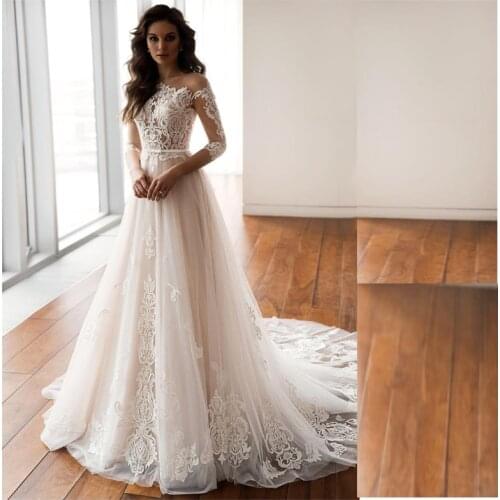 Elegant 3/4 Sleeve Wedding Dresses 2021 A-Line Lace Appliques Button Belt Sweep Train Tulle Bridal Gown Vestidos De Noiva