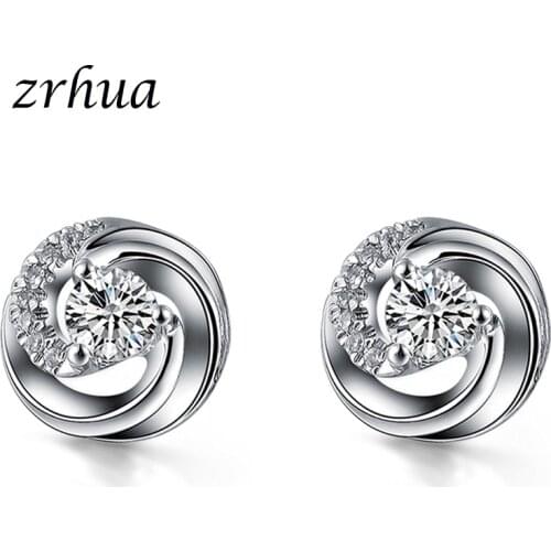 ZRHUA Unique 925 Sterling Silver Cubic Zirconia Stud Earrings Luxury CZ Rhinestone Crystal Stone Wedding Jewelry Accessories