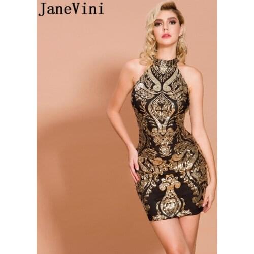 JaneVini Gold Sequin Sleeveless Formal Dresses Woman Party Night Cocktail Dresses for Wedding 2020 Sexy Black Short Mini Gowns