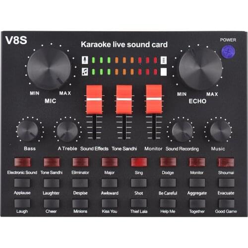 V8S External Live Sound Card Mini Sound Mixer Board for Karaoke Singing Music Recording with 16 Funny Sound Effect BT Connection