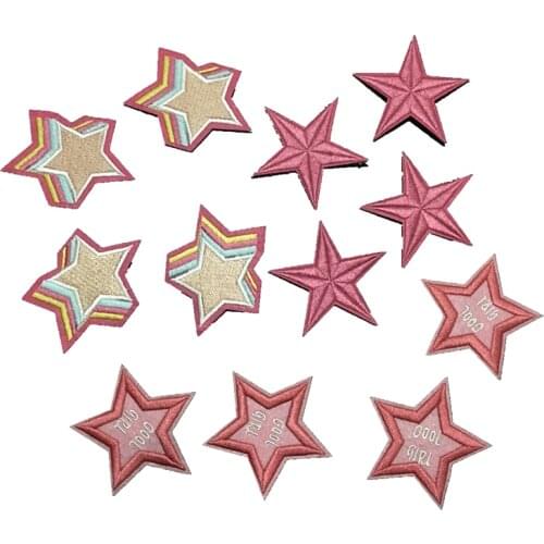 WUYUCONG 2020 New Small Pink Star Embroidered Iron on Patches for Clothes Shoes Stars Embroidery Appliques Sewing Repair 12pcs
