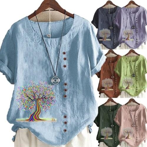 Womens Summer New Fashion Casual Round Neck Short Sleeve T-shirt Printing Linen Shirt Tops Loose Blouse S-5XL