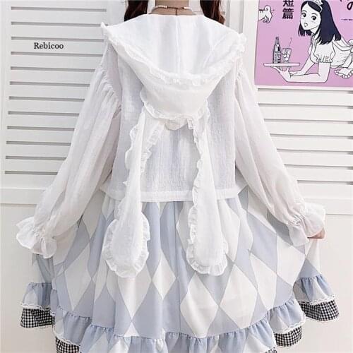 Japanese Sweet Lolita Thin Sunscreen Jacket Women Cute Long Sleeve Hooded Rabbit Ears Clothing Summer Girls Kawaii Loose Coats