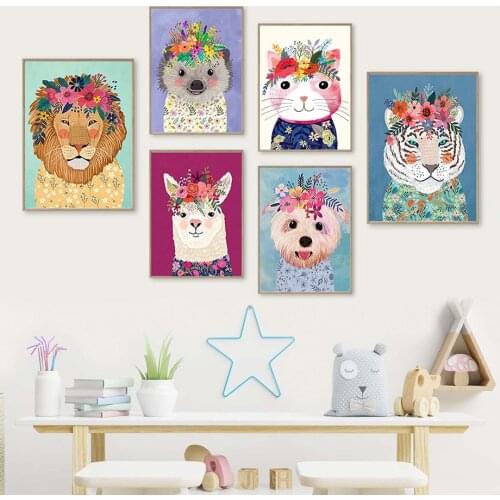 Colorful Hedgehog Lion Liama Flower Crown Mini Nordic Posters And Prints Wall Art Canvas Painting Wall Pictures Kids Room Decor