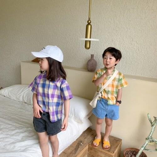 2021 Summer Korean style children plaid cotton shirts boys soft short sleeve shirt Girls loose all-match tops