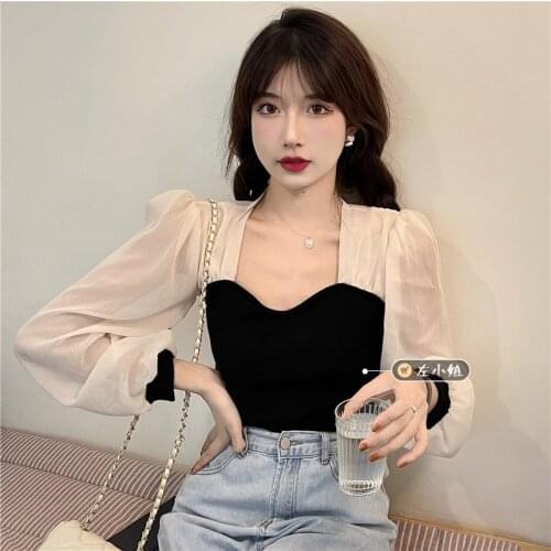 T-Shirts Women Clothes Autumn French Slim Square Neck Long Sleeve Top Mesh Knitted Shirts Thin Sexy Fashion Patchwork Tees