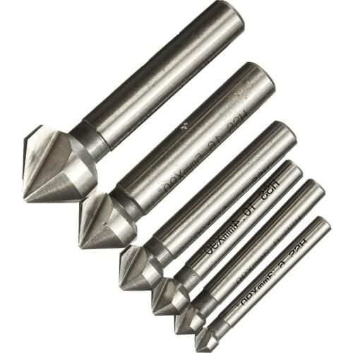 Round shank 6pcs 3 Flute 90 Degree HSS Chamfer Chamfering Cutter End Mill Tool Countersink Drill Bit Set 6.3-20.5MM