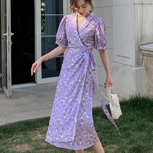 Summer 2021 Runway Elegant Korean Party Dress Boho Vintage Tropical Beach Vacation Dress Women Long Floral Chiffon Purple Dress