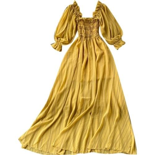 Summer Beach Chiffon Long Dress Elegant Solid Lantern Sleeve High Waist Women Maxi Dress Party Club Ladies Vestidos 2021New