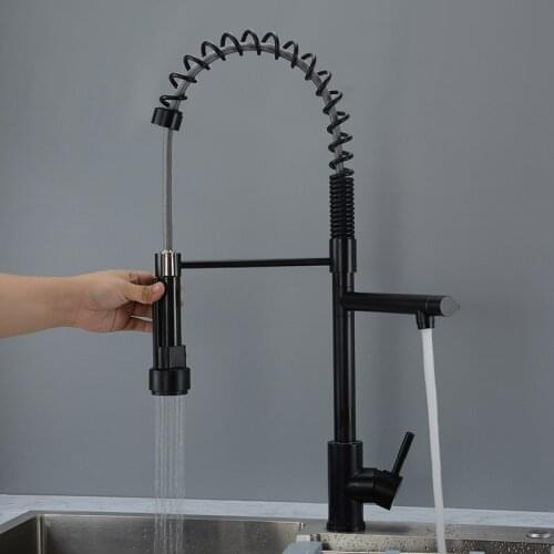 Matte Black Spring Pull Down Kitchen Faucet Mixer Dual Spouts Kitchen Sink Crane Taps Deck Mounted ABS Nozzle Handheld Sprayer