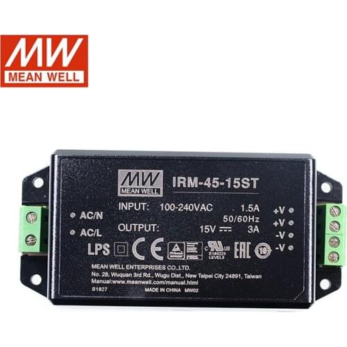 MEAN WELL IRM-45-15ST 45W Screw Terminal Encapsulated Power Module 110V/220V AC to 15V DC 3A 45W Meanwell Module Power Supply