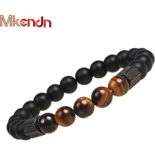 MKENDN Luxury Gold Cubic Zirconia Geometric Hexagon Brass Beads Bracelets Men Tiger Eye Stone Bracelet Pulseira Masculina