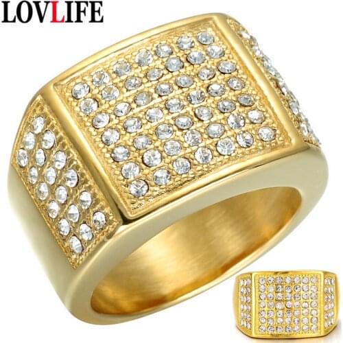 Fashion Big Rings for Men Women Bling Square Ring Hip Hop Charm Gold Color Zircon Micro Pave Rhinestone Cool Street Ring Jewelry