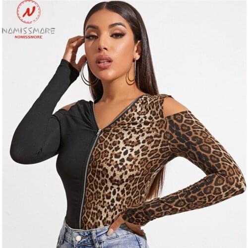 Fashion Women Leopard Print T-Shirts Hollow Out Design Zipper Decor V-Neck Long Sleeve Spring Autumn Slim Cardigan Top
