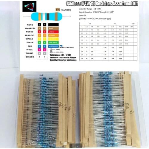 1460 PCS 1/4W 1% 1R-1Mohm 73 Values Metal Film Resistor Kit Pack Mix Assortment Kit resistors