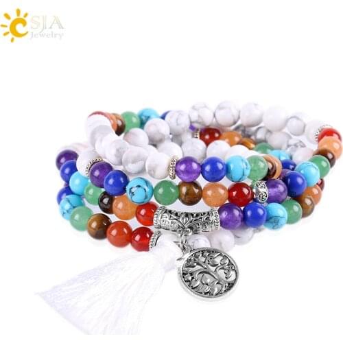 CSJA Natural Yoga 7 Chakra Balancing Multilayer Bracelets Women 2017 White Howlite Stone 108 Mala Beads Reiki Prayer Bijoux E664