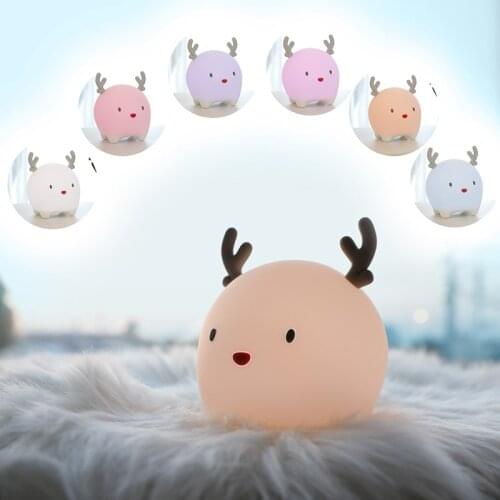 Cute Deer Night Light Usb Charging Colorful Light Cartoon Silicone Pat Led Night Light Timing Bedside Breathing Light Children