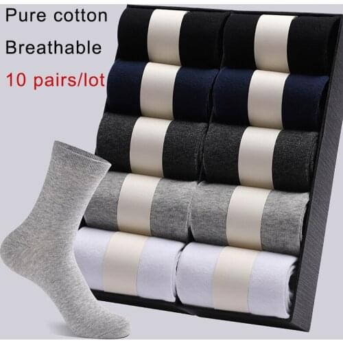 10 Pairs/Lot Mens Socks Cotton Business Casual Black White Crew Socks Solid Color Breathable Sweat Long Sock носки Sukka Plus