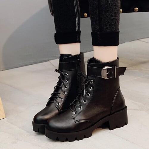 Autumn new Women Fashion Shoes Vintage Boots Thick Short Boots Womens Leather Ankle Boots Female Winter Warm Lace-up Shoes