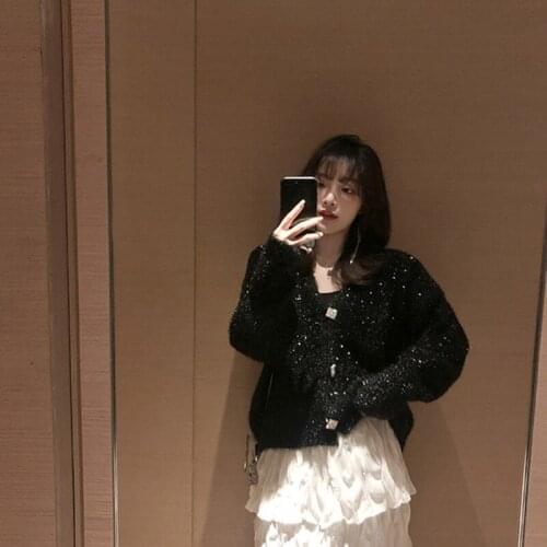 Autumn and Winter bright knitted cardigan loose large net red lazy style Sweater Coat Woman Cardigan