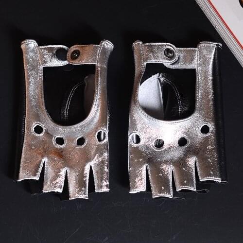 Womens Ladies Genuine Leather Unlined Double Sides Leather snap-fastener Silver Fingerless Semi-finger Punk Rock Short Gloves