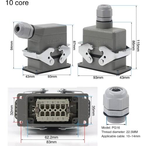 Rectangular heavy duty connector hdc-he-010 air plug 10 core top line and side line waterproof socket