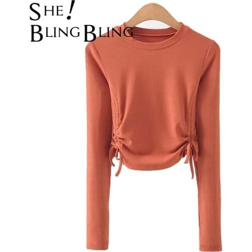 SheBlingBling Za Woman 2021 T-Shirt Traf Crop Tops Autumn Double Drawstring Ruched Slim Female White Knit Tees Skinny Jumpers
