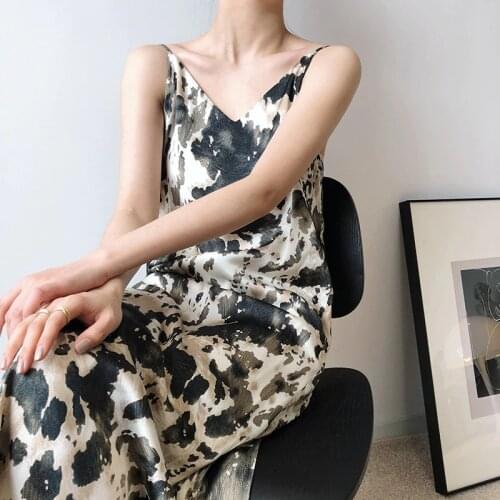 Chiffon Printed Suspender Dress Fashion Vintage Ink Painting Midi Dresses Elegant Lady Slip Dress With Shoulder Straps Adjust